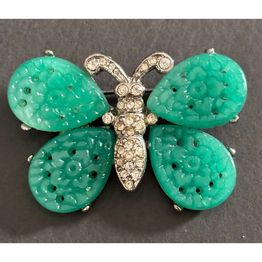 Vintage Kenneth Jay Lane Signed 1990s Faux Jade Resin Butterfly Brooch Pin